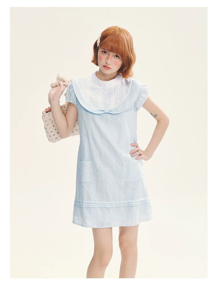 "Sea Salt Fizz" Baby Blue Cutout Embroidered Peter Pan Collar Puff Sleeve A-Line Dress