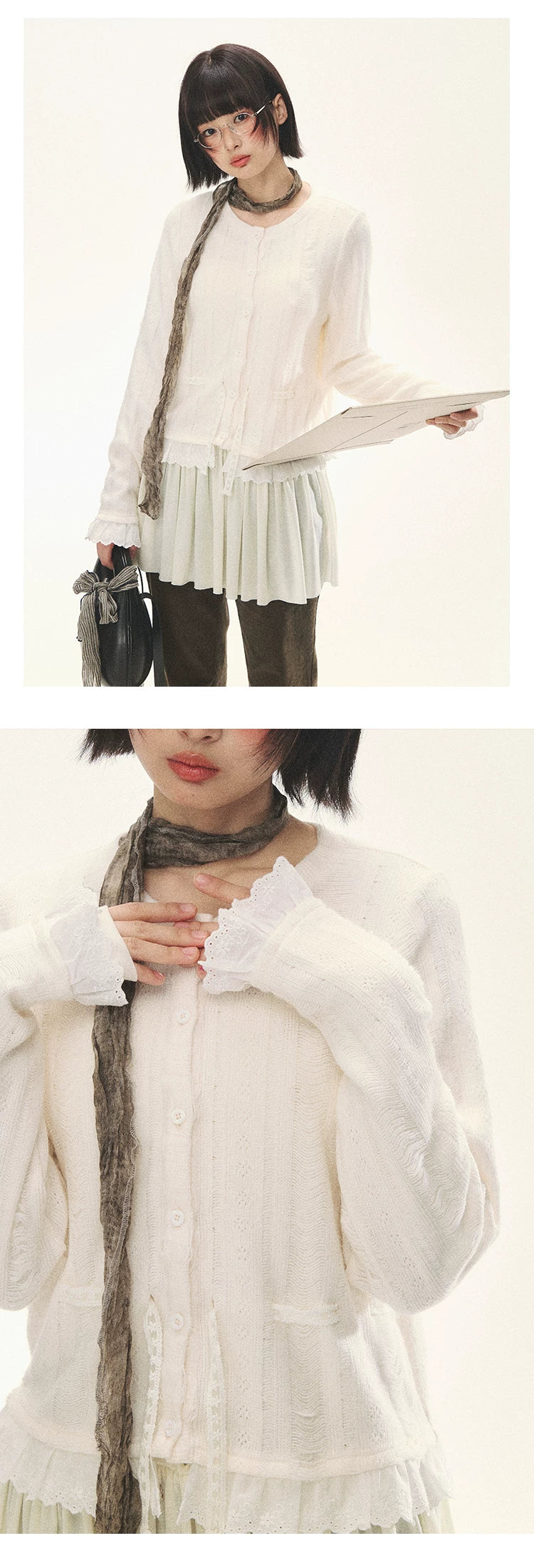 "Wisteria Whisper" Open-Knit Lace Tie Cardigan (Wisteria/ Ivory)