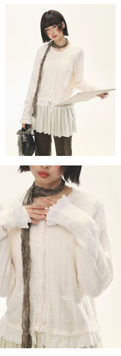 "Wisteria Whisper" Open-Knit Lace Tie Cardigan (Wisteria/ Ivory)