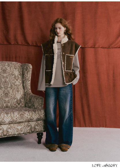ASGONY - Brown Reversible Suede Faux Shearling Drawstring Vest
