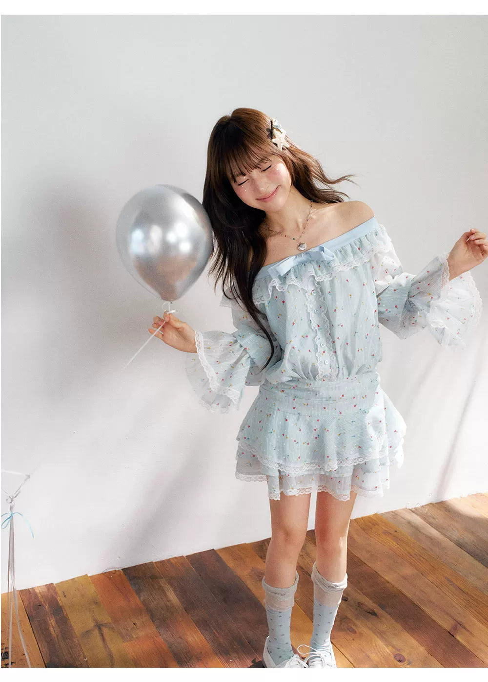 “Blue Meringue Reverie” Blue Off-Shoulder Cake Dress