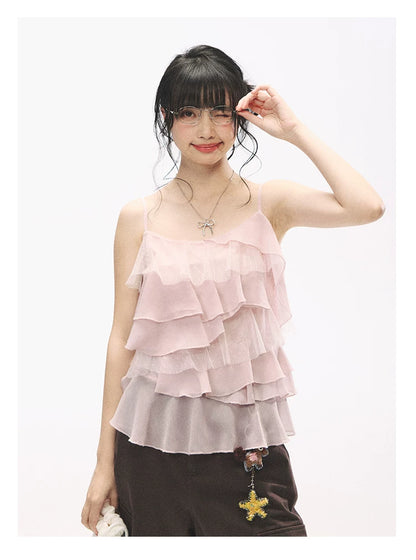 "Star Haven" Tiered Ruffle Cami Top (Cloud Blush Pink/ Moonlight Gray)