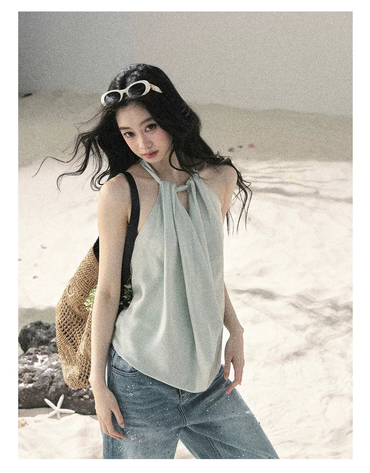 "Flowing Silk Reverie" Light Bean Green Halter Backless Top 536845