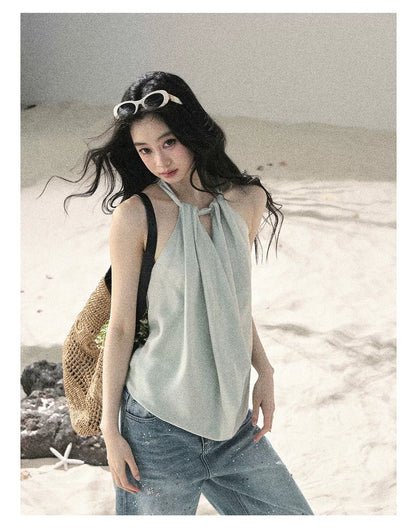"Flowing Silk Reverie" Light Bean Green Halter Backless Top 536845
