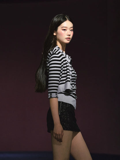 "City Contrast" Black & White Stripe Knit Cami & Cardigan Set