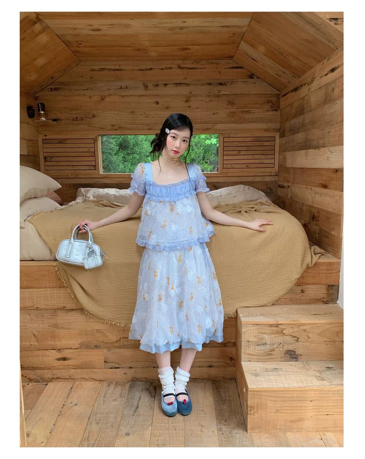 [RF] “Blue Teddy Fairytale” Bear Print Two-Piece Dress Set
