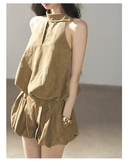 AOMALM - "The Veins of Leaves" Oatmeal French Faux Suede Top & Shorts Set