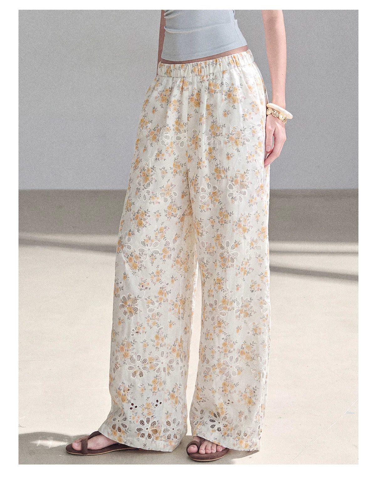 AOMALM - "A Cloud in Bloom" Primrose Yellow Floral Embroidered Lace Wide-Leg Pants