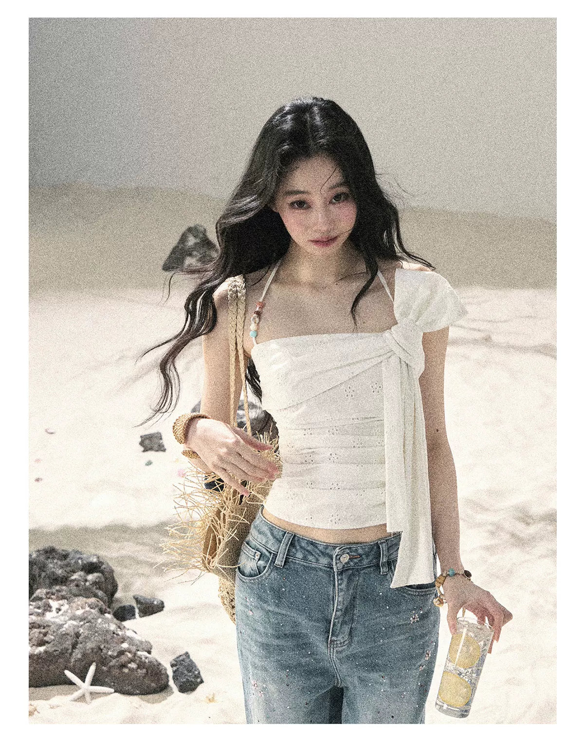 "Fragments of Tenderness" Frost White Halter Twist Crop Top