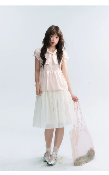 "Rosy Whisper" Dusty Pink Bow Embroidered Puff Sleeve Blouse