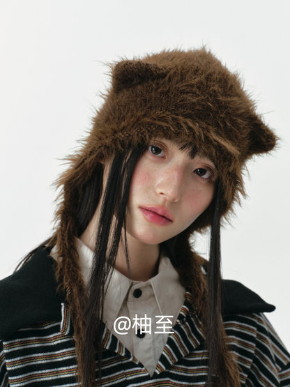 Chocolate Brown Plush Cat Ear Hat – Cozy Ear-Warmer Beanie