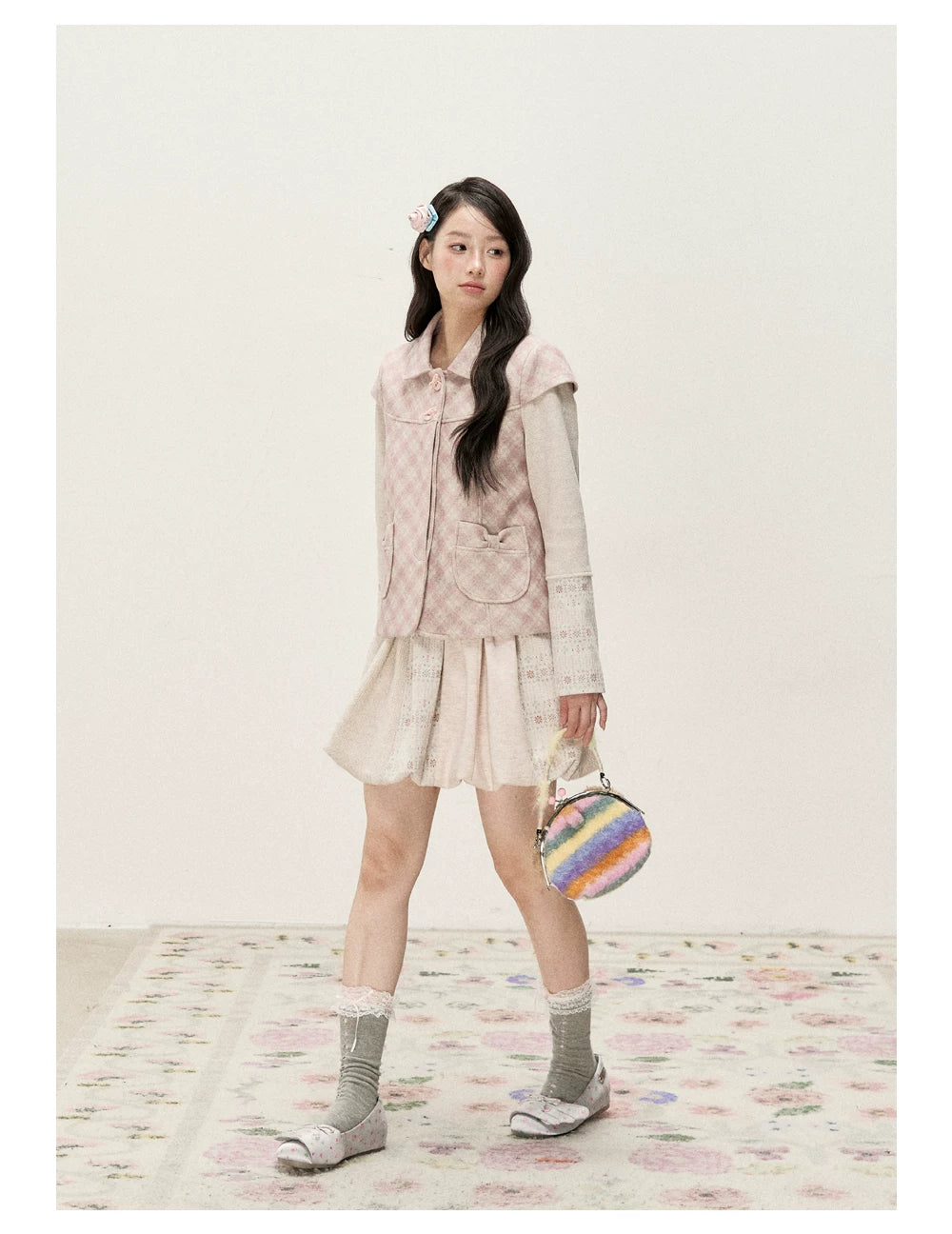 [RF] Pink Gingham Wool Blend Cropped Coat with Peter Pan Collar