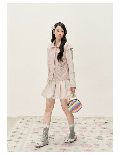 [RF] Pink Gingham Wool Blend Cropped Coat with Peter Pan Collar