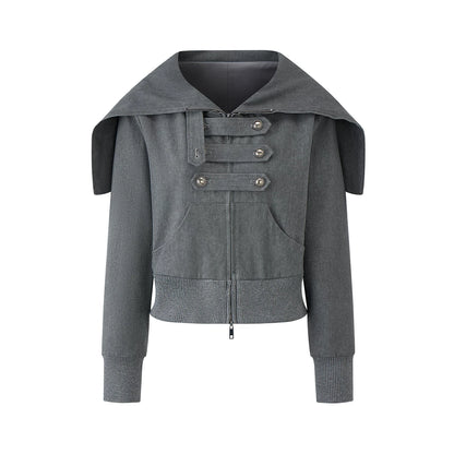 EZEK | Cropped Hooded Sweatshirt Jacket with Double Metal Snap Closure (Black / Gray)