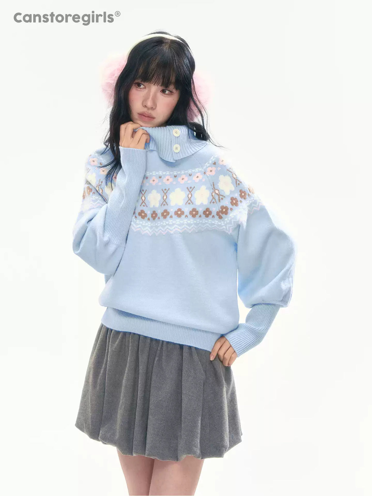 [CAN] Light Blue Floral Fair Isle Knit Sweater