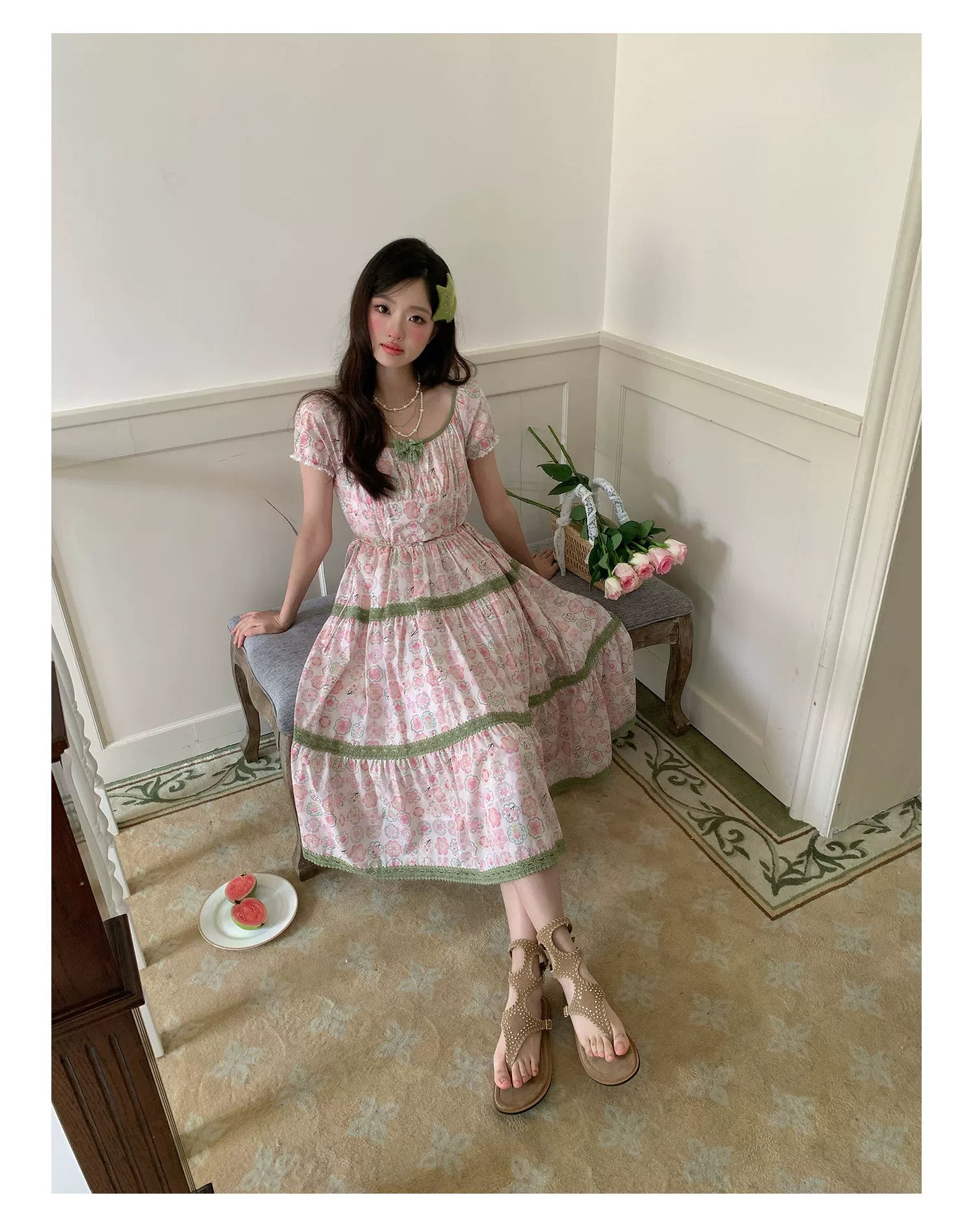 “Wildflower Green Grape” Pink Floral Tiered Dress