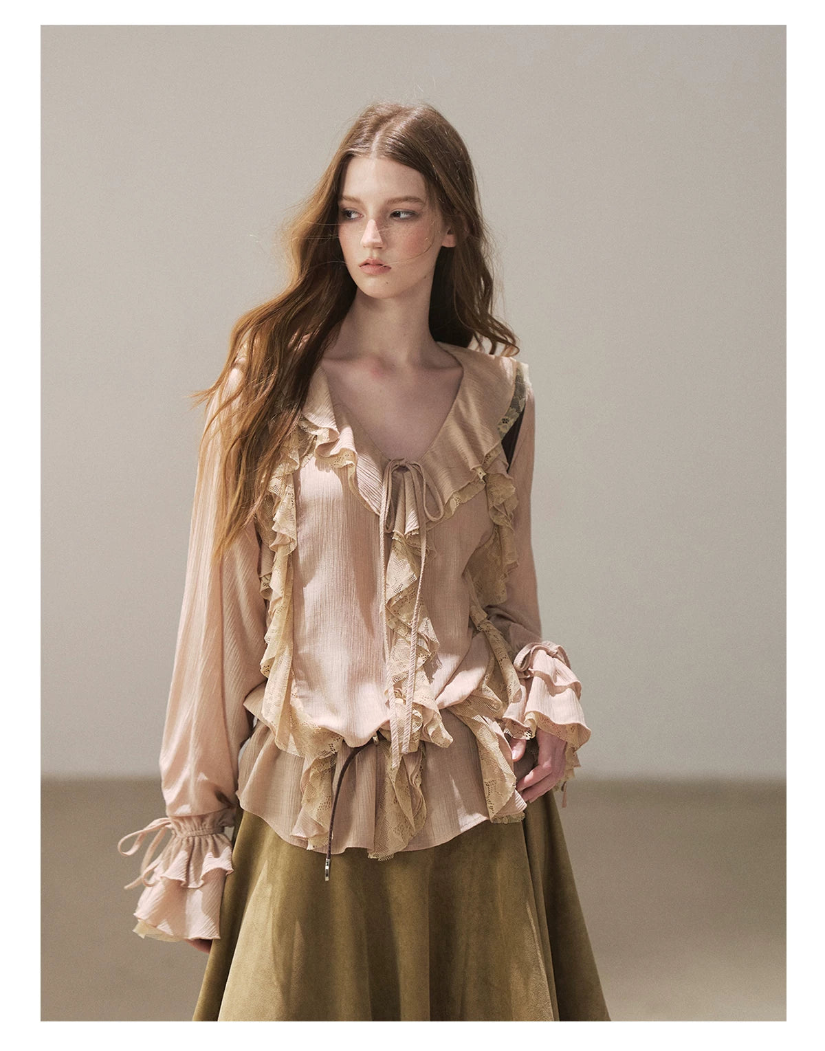 AOMALM - "A Featherlight Touch" French Camellia White Lace Chiffon Top with Belt (Camellia / Oatmeal / Cinnamon Pink)