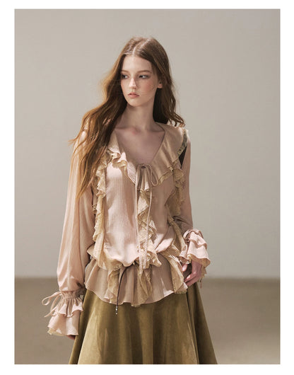 AOMALM - "A Featherlight Touch" French Camellia White Lace Chiffon Top with Belt (Camellia / Oatmeal / Cinnamon Pink)