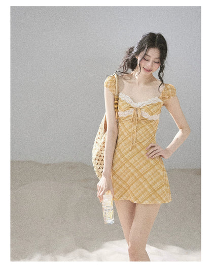 "Golden Wheat Whisper" Goose Yellow Lace Diamond Mini Dress
