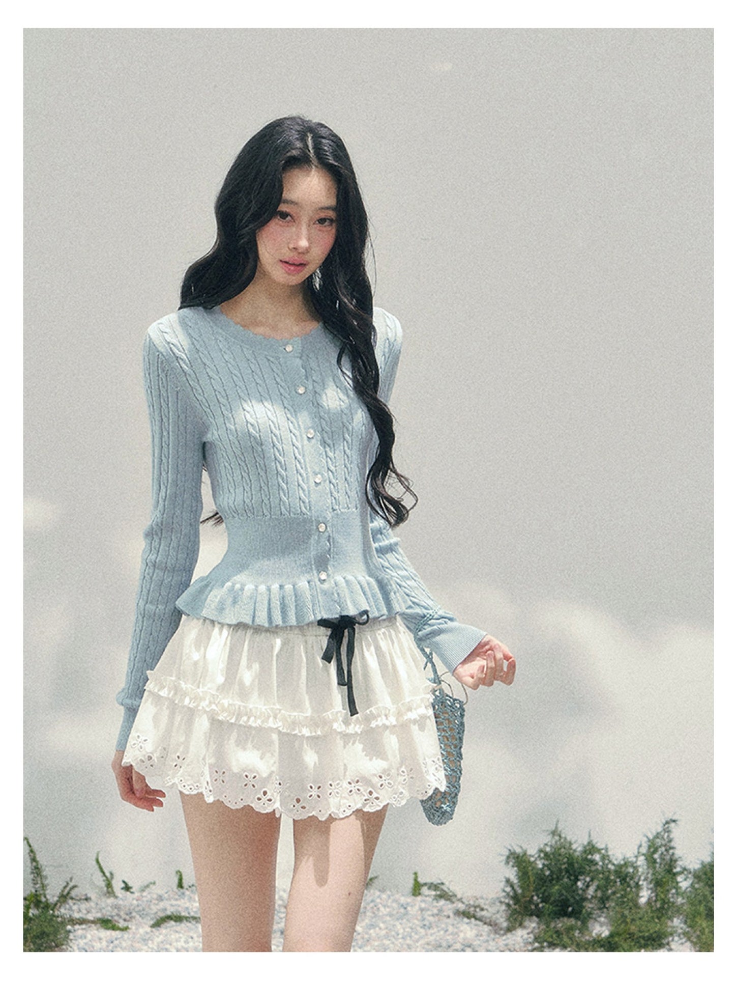 少也眼 “Pearl Whisper” Moonlight Blue Cable-Knit Ruffle-Hem Cropped Cardigan 626586578