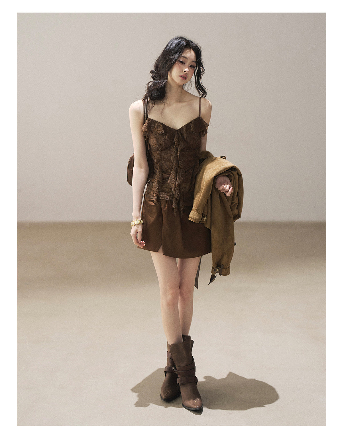 170726 "Sunset Melted Into Lace" Rich Cocoa Lace Ruffle Cami Top