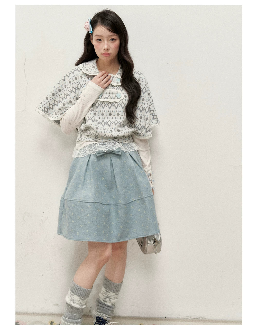 [RF] Frost Mist Blue Floral Jacquard A-Line Midi Skirt with Plaid Waistband