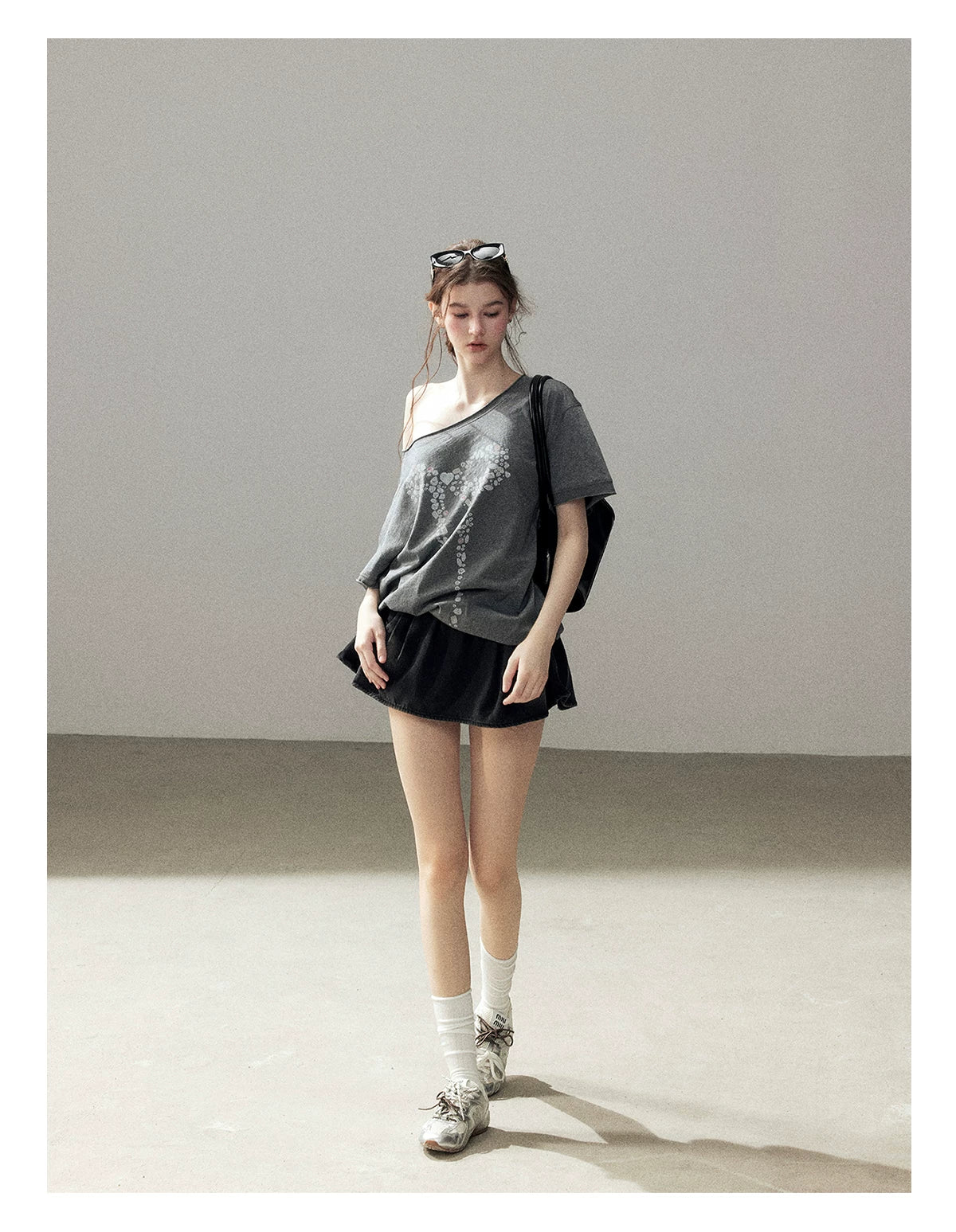"Muted Shades of Gray" Silver Mouse Gray Off-Shoulder Tee