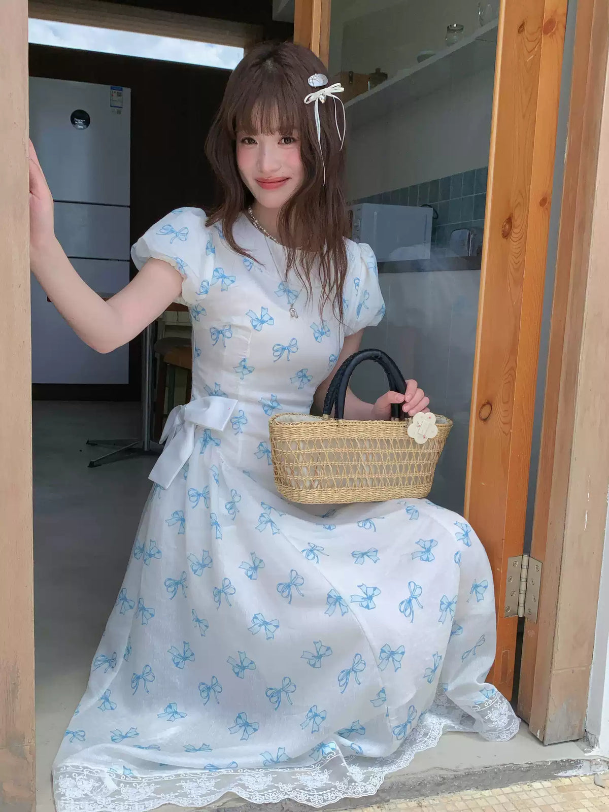 [RF] “Blue Butterfly Letter” Light Blue Floral Bow Midi Dress
