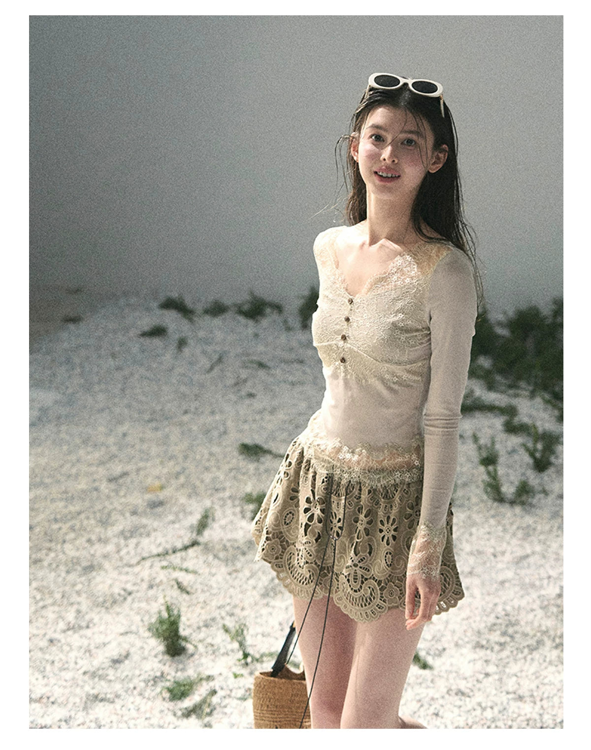 “Traces Left by the Wind” Ash Ivory Lace V-Neck Top