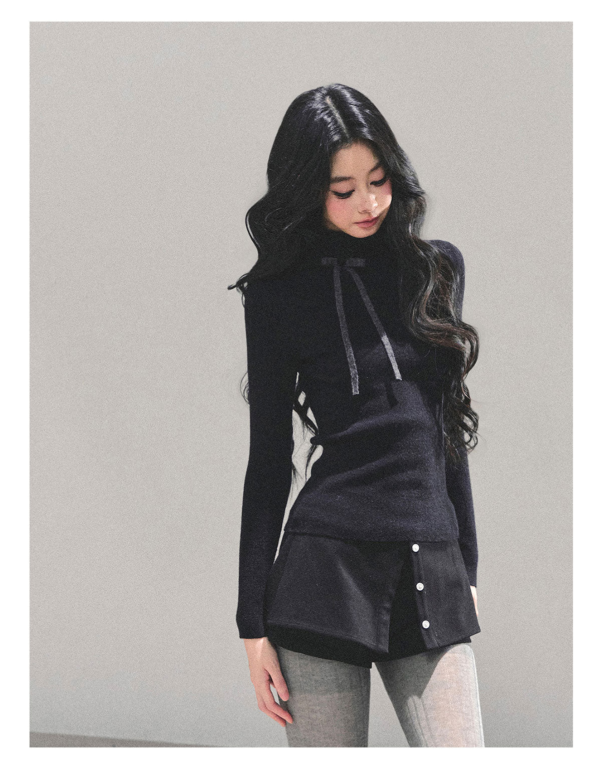 少也眼 “Velvet Touch” Semi-Turtleneck Long Sleeve Knit Top - Black 586255478