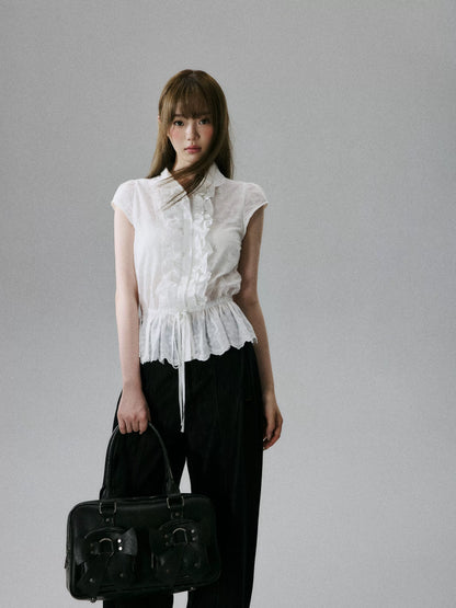 LOST FOREST - White Embroidered Ruffle Sleeve Cotton Blouse