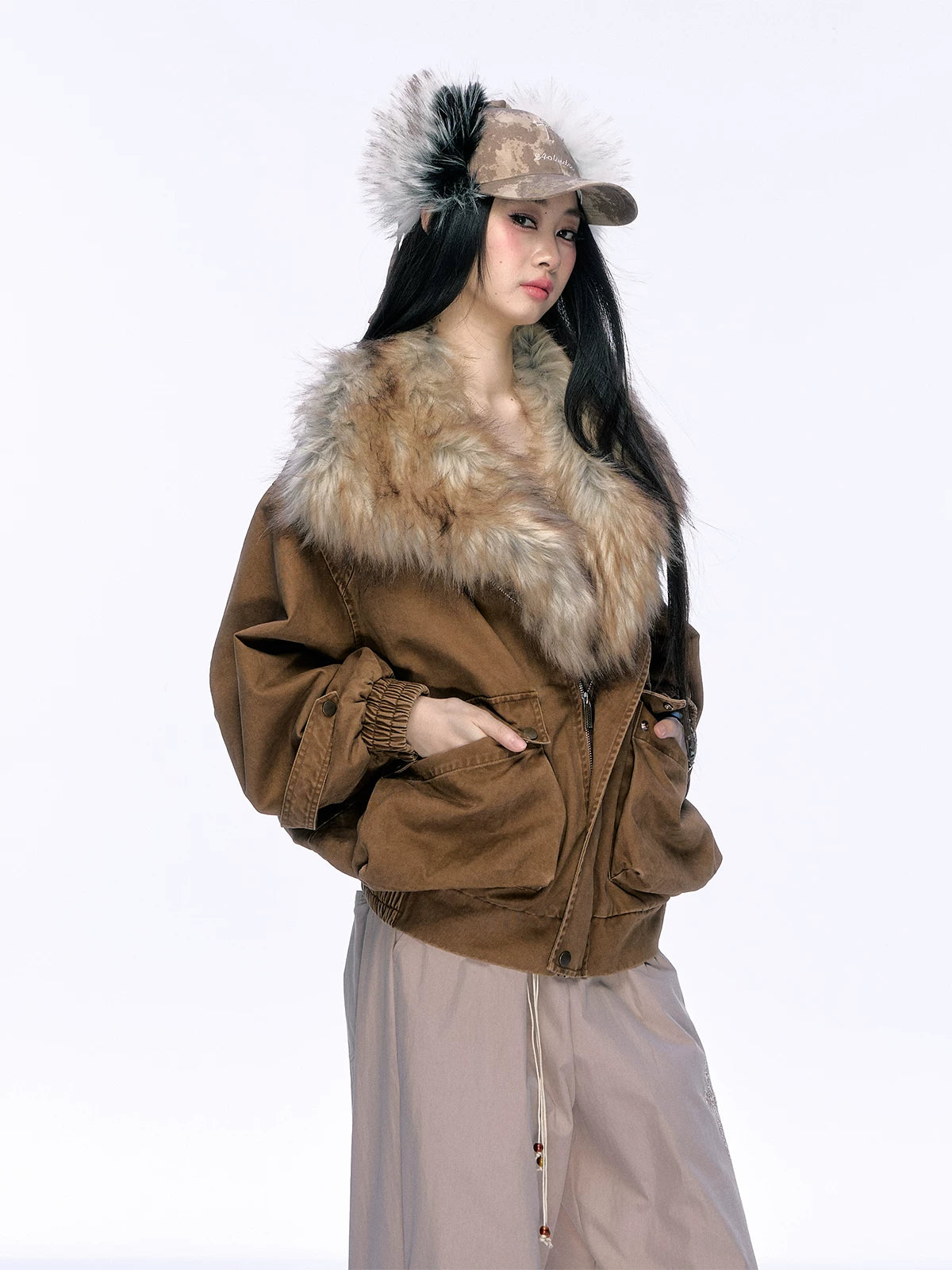 JN's DESIGN - Washed Chestnut Brown Faux Fur Collar Utility Jacket