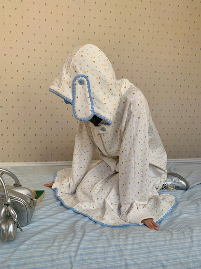 “Snow Bunny Reverie” Ivory Rabbit Ear Hoodie & Floral Pleated Mini Skirt