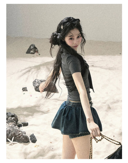 "Shimmer Across the Sea" Denim Bubble Skort (Rock Black/ Vintage Blue)