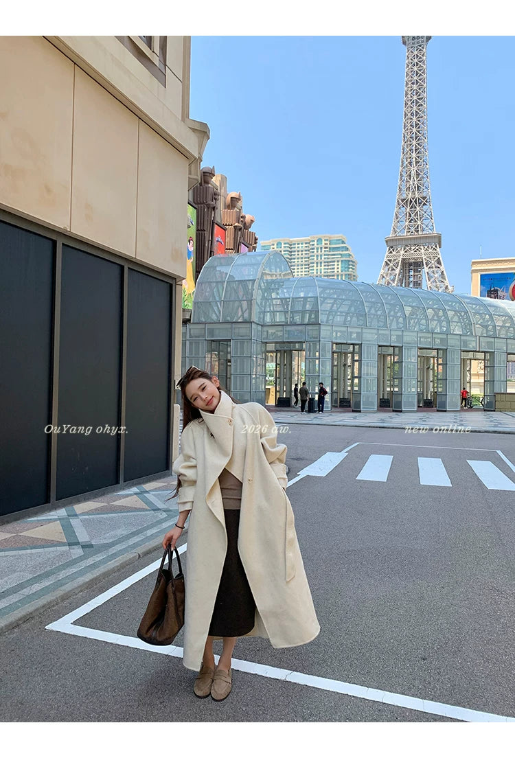 QuQuOuYang - 100% Wool Double-Face Belted Coat with Convertible Collar