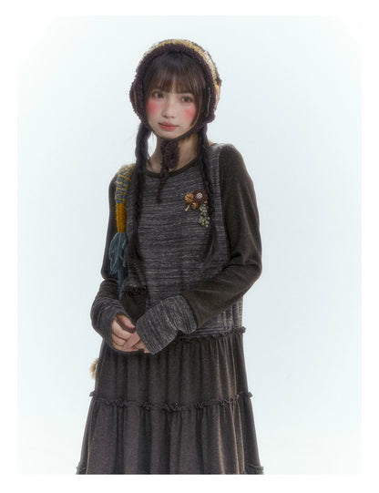 Horridale - Vintage Lace-Trim Long Sleeve Knit Dress – Brown