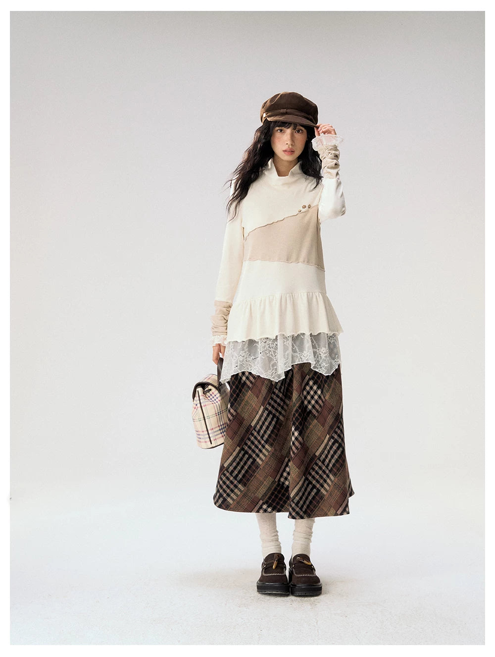 [CAN] "Oatmeal Harmony" Ivory Taupe Ruffle Lace Layered Knit Top