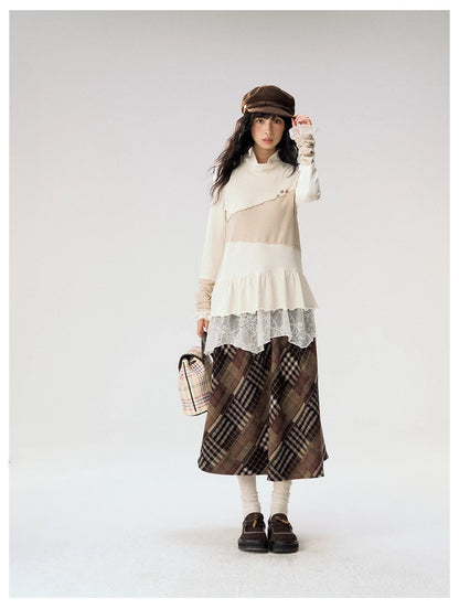 [CAN] "Oatmeal Harmony" Ivory Taupe Ruffle Lace Layered Knit Top