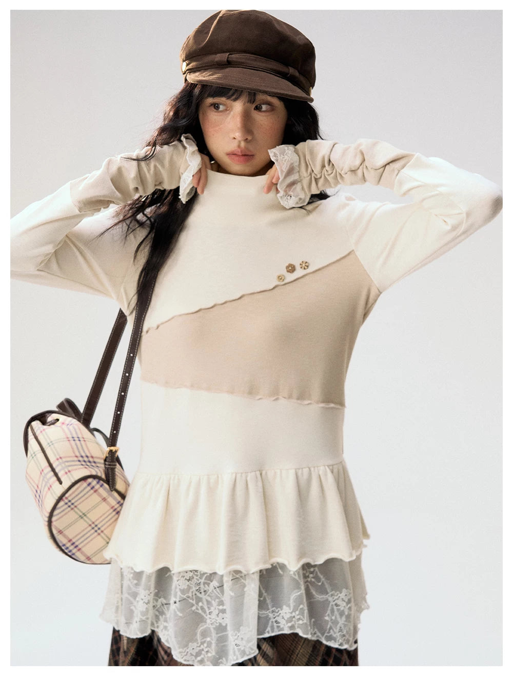 [CAN] "Oatmeal Harmony" Ivory Taupe Ruffle Lace Layered Knit Top