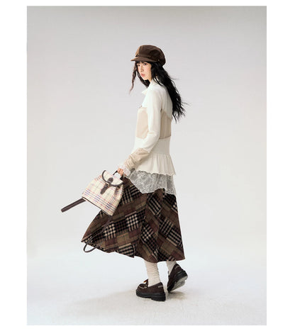 [CAN] "Oatmeal Harmony" Ivory Taupe Ruffle Lace Layered Knit Top