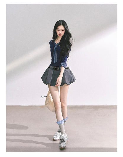 少也眼 "Han Gao Rolecard" Dual-Layer Illusion V-Neck Plaid Waist-Slimming Tee - Navy Blue