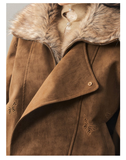 少也眼 "Cloud Veils Over the Mountains" Hepburn-Style Padded Faux Suede Butterfly Coat
