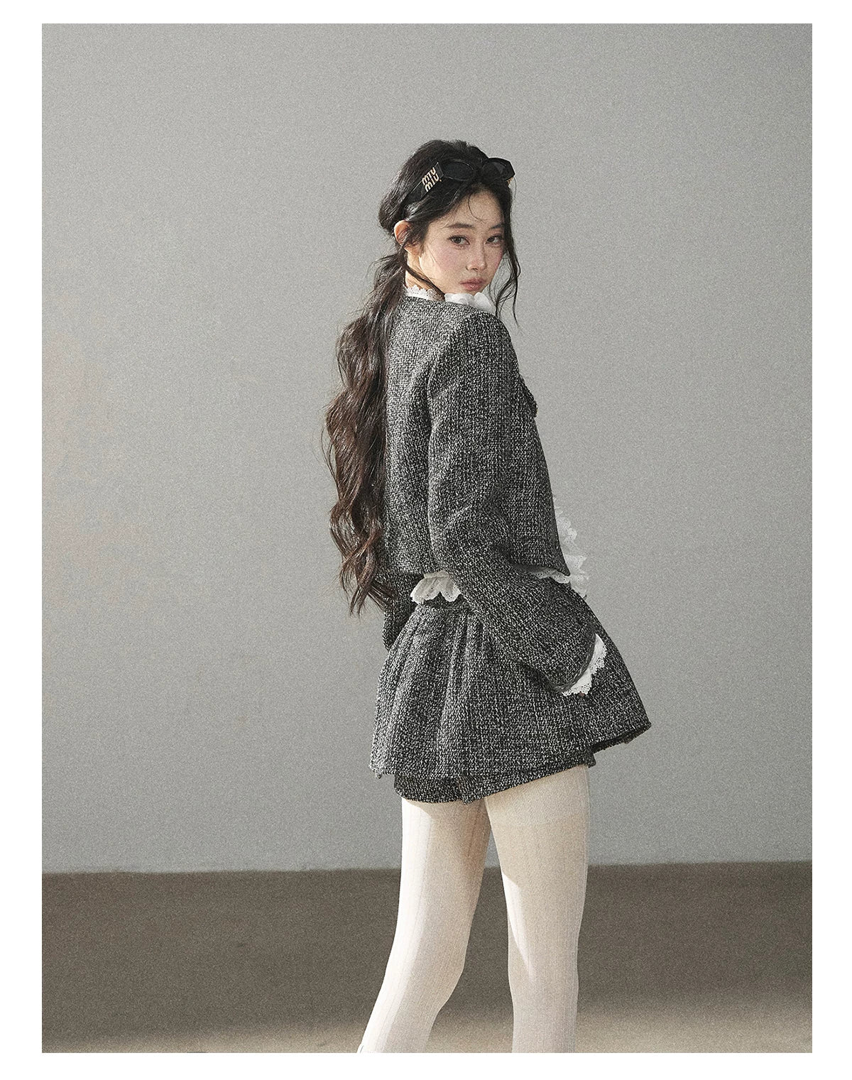 AOMALM - Black & Pearl White Tweed Jacket, Lace Blouse & Mini Skirt Set