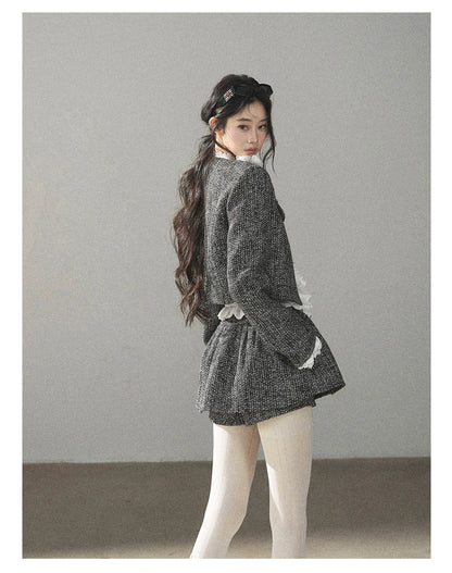 AOMALM - Black & Pearl White Tweed Jacket, Lace Blouse & Mini Skirt Set