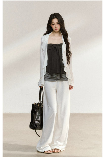 JN's DESIGN - White Wide-Leg Pants with Contrast Striped Waistband