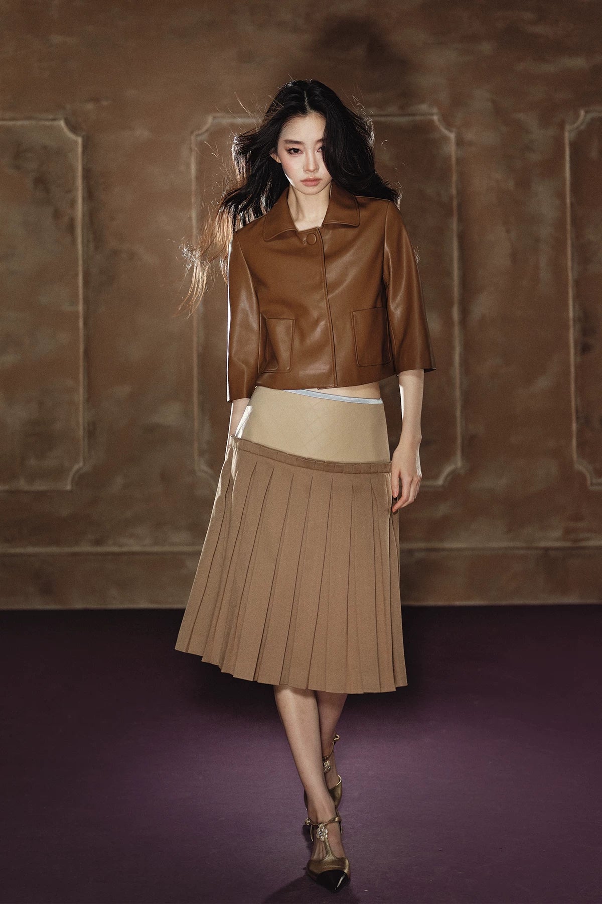 "Scholarly Muse" Khaki Faux Leather Jacket & Mixed-Media Pleated A-Line Skirt Set