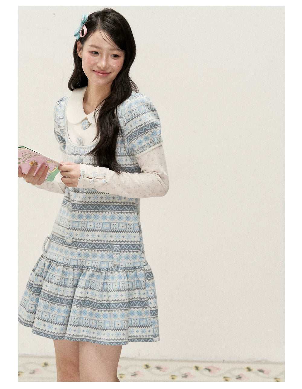 [RF] Vintage Geometric Jacquard Peter Pan Collar Knit Dress with Ruffle Hem