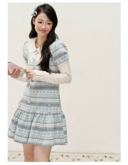 [RF] Vintage Geometric Jacquard Peter Pan Collar Knit Dress with Ruffle Hem