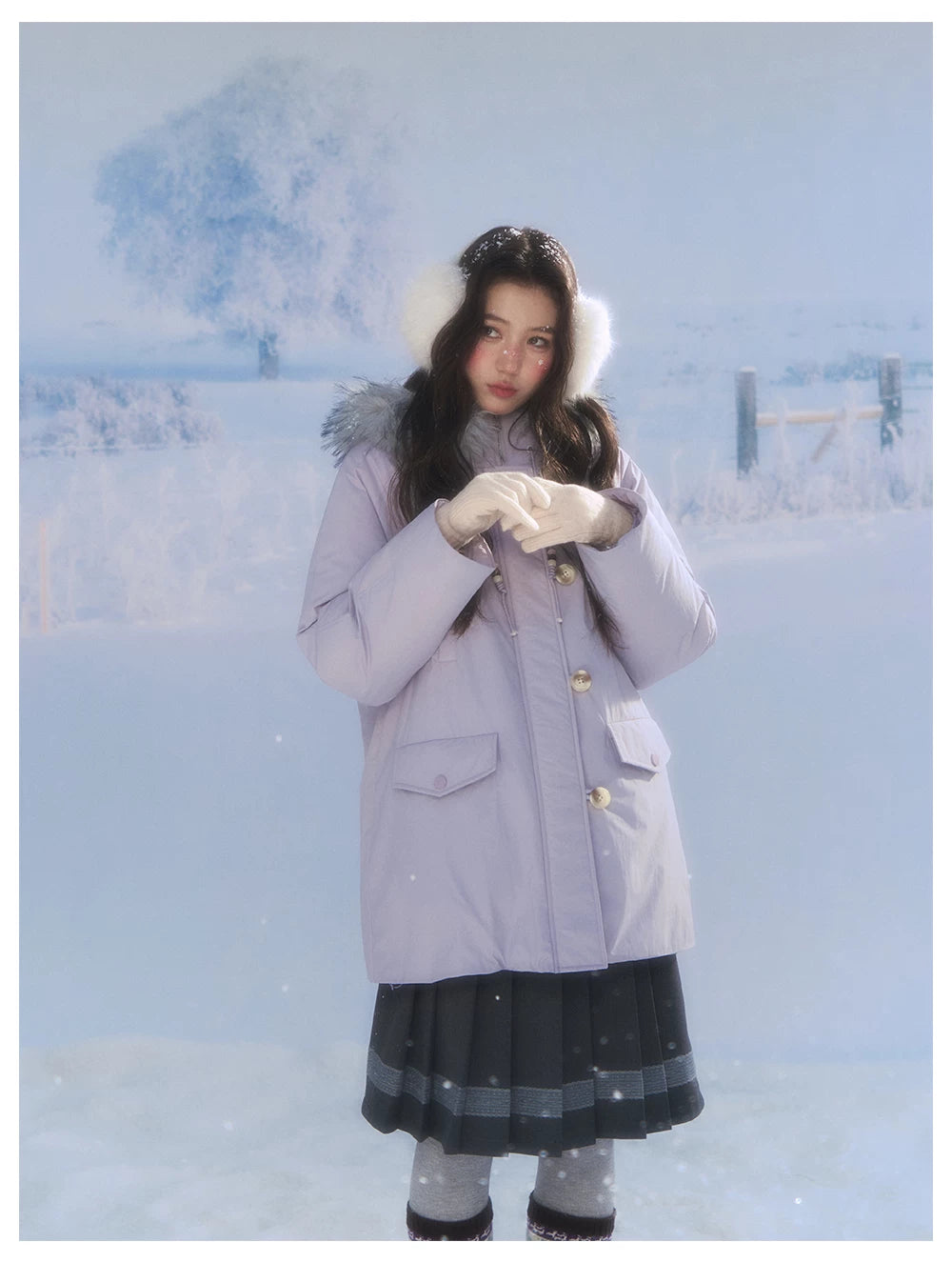 CANSTORE - "Voyage Day" Light Lavender Mid-Length Down Coat with Detachable Faux Fur Collar