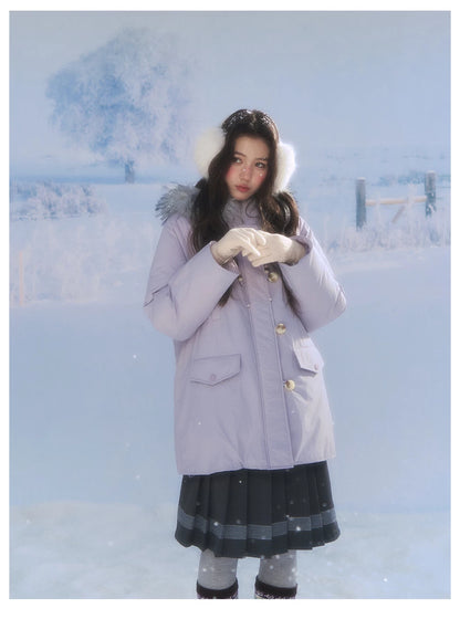 CANSTORE - "Voyage Day" Light Lavender Mid-Length Down Coat with Detachable Faux Fur Collar